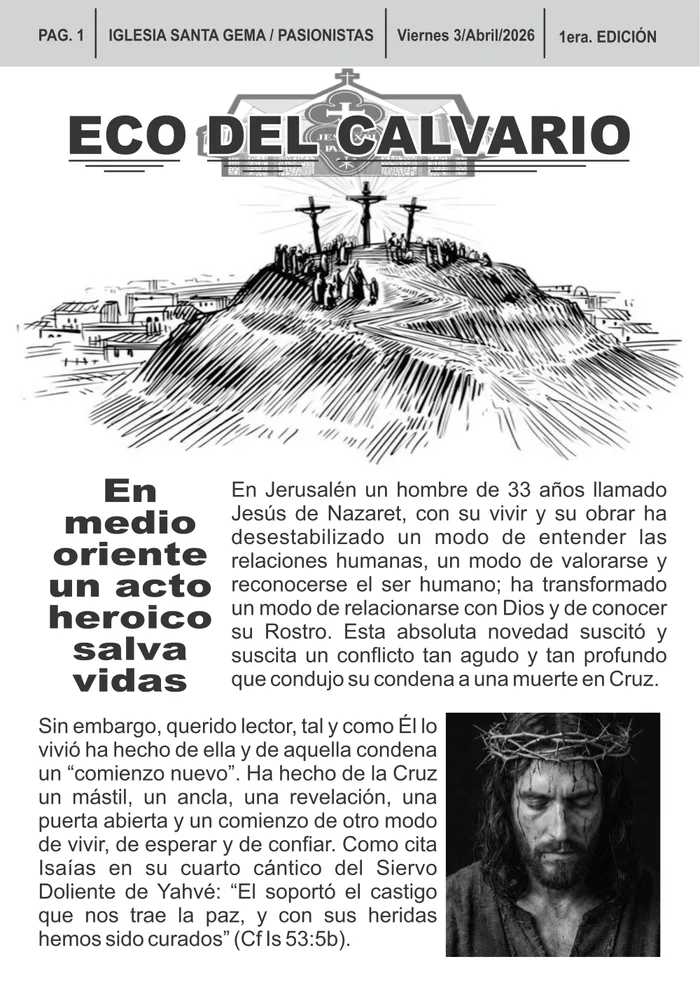 Portada de Eco del Calvario, primera edición del 3 de abril de 2026, con una ilustración del Calvario