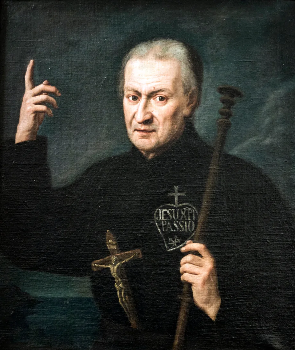 San Pablo de la Cruz, fundador de los Pasionistas, con el crucifijo y el emblema de la Pasión